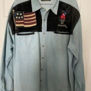 Atlanta 1996 Olympics Men's 100%Cotton LS Shirt w/ Faux Suede Front Panel - RARE